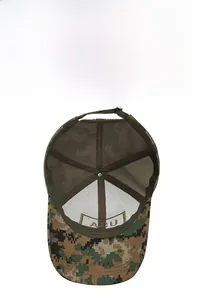 Macro view of digital camouflage baseball cap with breathable mesh and fine stitching