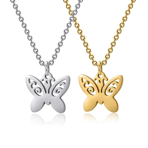 Minimalist hollow butterfly pendant necklace in gold and silver finish on white background