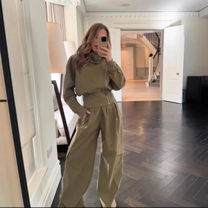 Veste Cargo Femme Avec Col Montant Fermeture Éclair Asymétrique Et Pantalon Large Polyester Streetwear