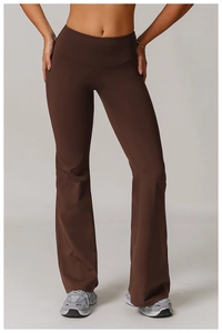 Detailed view of high waisted dark brown flare leggings with ergonomic matte fabric