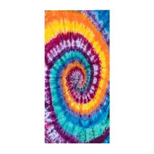 Detailed view of square microfiber beach towel with vibrant 3D tie-dye spiral pattern