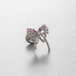 Titanium steel bow earring with pink and white zircon tassels and double head screw