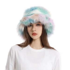 Detailed view of colorful faux fur bucket hat with soft pastel multi-color patchwork