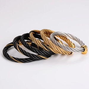 Adjustable stainless steel cable wire open bangle bracelets in black, gold, and silver