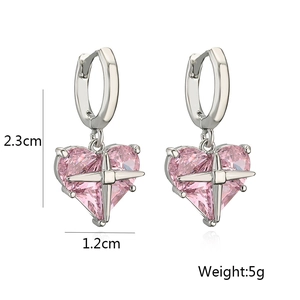 Detail view of heart zircon earrings with silver cross pendant and size dimensions