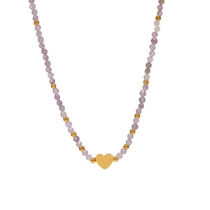 French style thin natural stone beaded necklace with golden heart pendant and purple beads