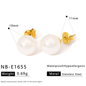 Detail view of 10mm white pearl earrings in gold stainless steel with product specs