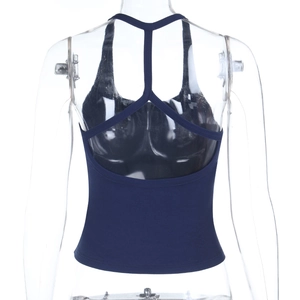 Detailed back view of a dark blue ribbed knit camisole with a racerback cutout design