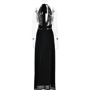 Back view of sexy black halter neck maxi dress with open back and split detail on ghost mannequin