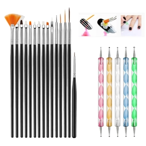 20-piece nail art brush set with 15 black liners and 5 colorful double-ended dotting tools