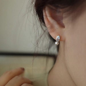 14K gold plated S925 silver stud earrings with blue topaz and white round pearl