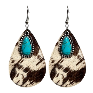 Western style cowhide pattern drop earrings with turquoise and silver metal beads