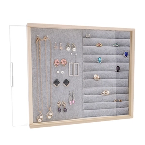 Solid wood jewelry organizer with dust-proof cover for necklaces, rings, and earrings