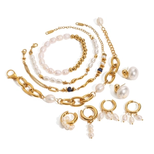 Elegant gold stainless steel jewelry set featuring pearl accents and blue beads on white