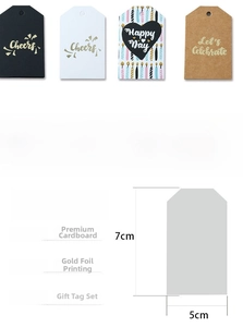 Size guide for gold stamping gift tags with dimensions 7x5cm and premium cardstock material