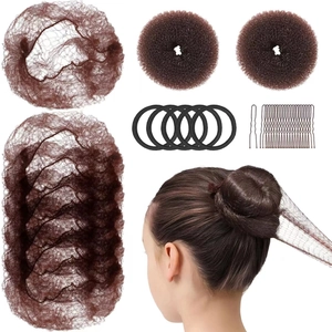 Hair styling set detail with brown hair nets, sponge bun makers and hair clip accessories