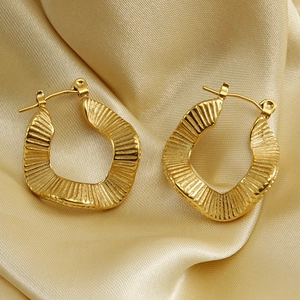 18K Gold Plated Stainless Steel Hoop Earrings Geometric Irregular Ruffled Pleated Texture Vintage INS Style For Women