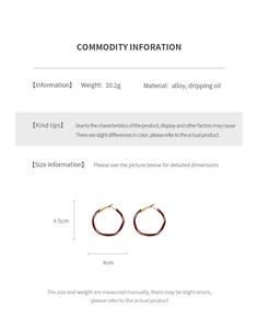 Detailed size chart showing dark red enamel earrings dimensions 4.5cm by 4cm in gold tone