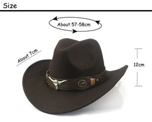 Size chart for dark brown cowboy hat showing 12cm height and 7cm brim width