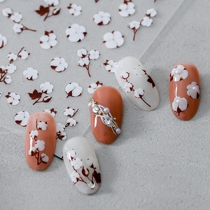 Autocollants d'ongles mats fins de style japonais avec fleurs de coton blanches et branches