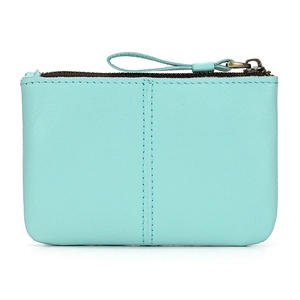 Minimalist mint green crazy horse leather coin purse with top zipper and double stitching