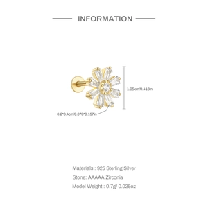 Close-up of 925 sterling silver flower labret stud with AAAAA zirconia and size details
