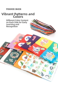 Macro view of baby tissue box toy with educational alphabet and animal soft cloth scarves