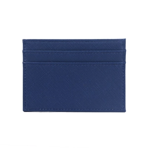 Macro detail of dark blue Saffiano leather card holder showing texture and fine stitching