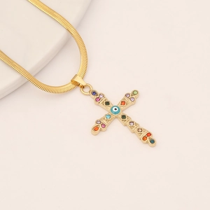 Golden stainless steel flat snake chain necklace with evil eye cross pendant