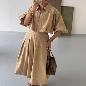 Chemise Cargo À Fermeture Éclair Et Jupe Longue Plissée Pour Femmes Tenues Streetwear Décontractées Polyester