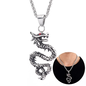 Dragon Pendant Necklace Stainless Steel Vintage Gothic Punk Animal Shape With Red Zircon Eye Antique Silver For Men