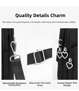 Detail of black nylon mini crossbody bag with heart-shaped zippers and metal hardware