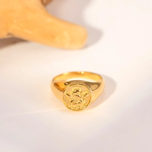 Vintage style gold-plated titanium steel ring featuring a classic angel relief pattern