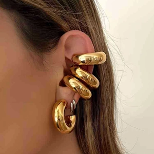 18k gold plated stainless steel C-shaped hoop earrings and ear cuffs on model