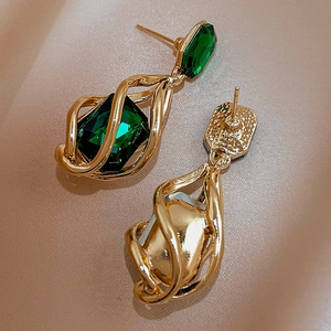 Vintage geometric earrings with emerald-cut crystals and twisted gold-tone frames
