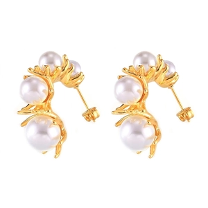 French Minimalist Elegant Titanium Steel Earrings With Imitation Artificial Pearl Branch C-Shape Design Women Fashion Accessory