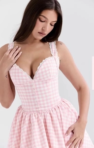 Detail of V-neck plaid dress featuring white lace trim and corset style bodice
