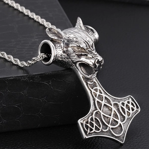 Collier marteau de Thor tête de loup en acier inoxydable vintage avec chaîne