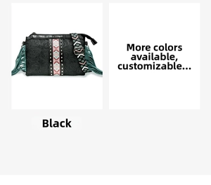Detail of bohemian black PU leather crossbody bag featuring vintage floral texture and tassels