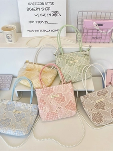 Sac À Main Pour Femmes Style Coréen Broderie Dentelle Rose Tissu Quadrillé Grand Fourre-Tout Avec Chaîne Künstliche Perles Amovible