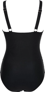 Detail view of black one-piece swimsuit back with metal rings and adjustable straps
