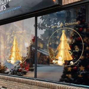 Sticker de Noël doré pour vitrine avec sapin et bonhomme de neige décoratif festif