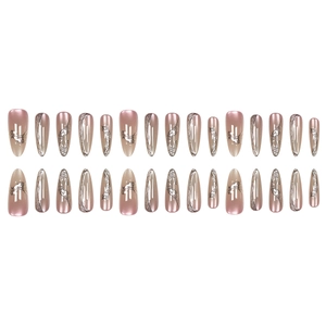 30-piece long almond press-on nails with golden French cat-eye and flowing silver lines
