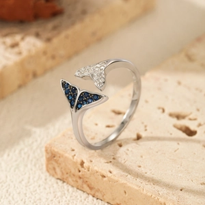 S925 sterling silver mermaid tail open ring with blue and white cubic zirconia