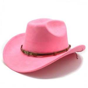 Cappello da cowboy rosa in feltro con fascia intrecciata marrone e dettaglio teschio bronzo