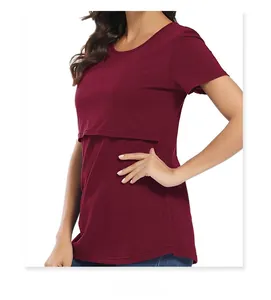 Detail of burgundy nursing T-shirt with double-layer design for easy breastfeeding