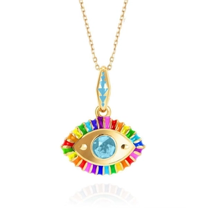 Gold evil eye necklace with blue crystal and rainbow enamel details on white background