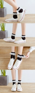 Close-up of black cotton socks with delicate white lace trim and floral patterns