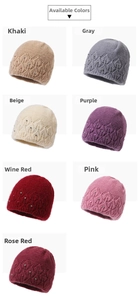Detail view of seven color options for women knit hats with rhinestone leaf patterns