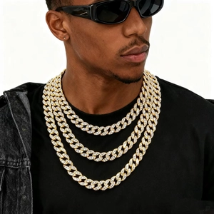 Men's hip hop gold Cuban link chain necklace set with sparkling iced out rhinestones